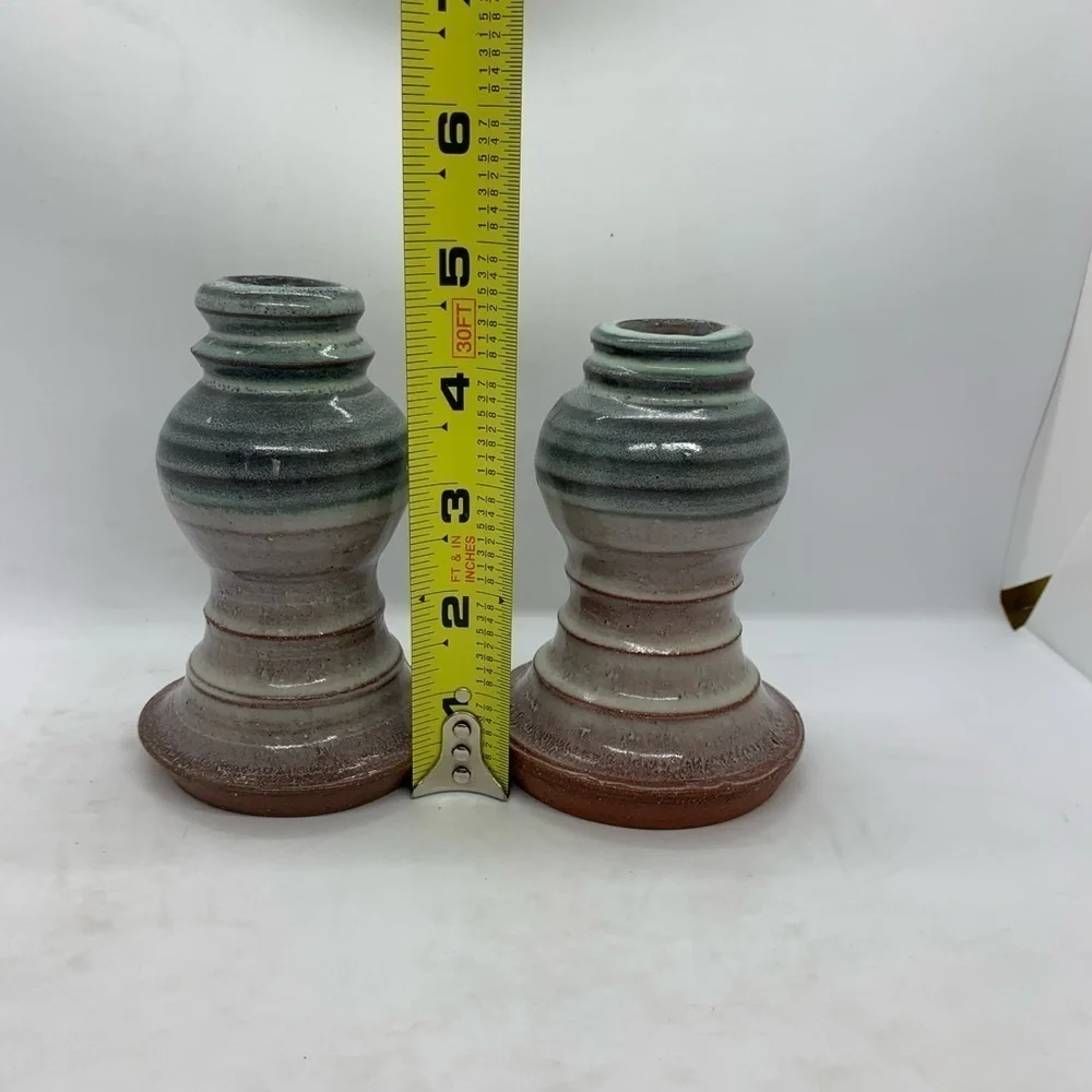 Vintage Signed Glazed Studio Pottery Candlesticks